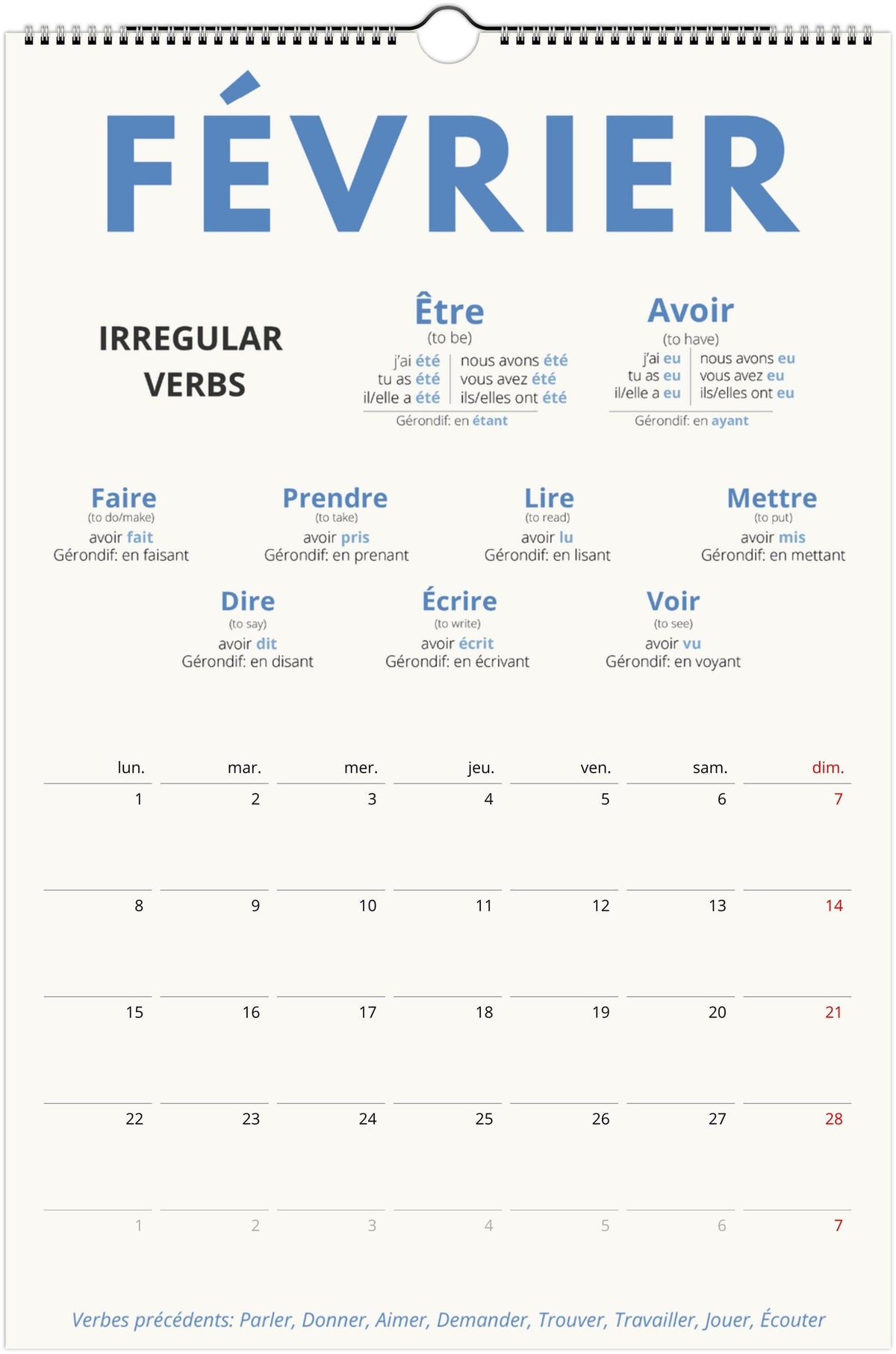 French Passé Composé Calendar