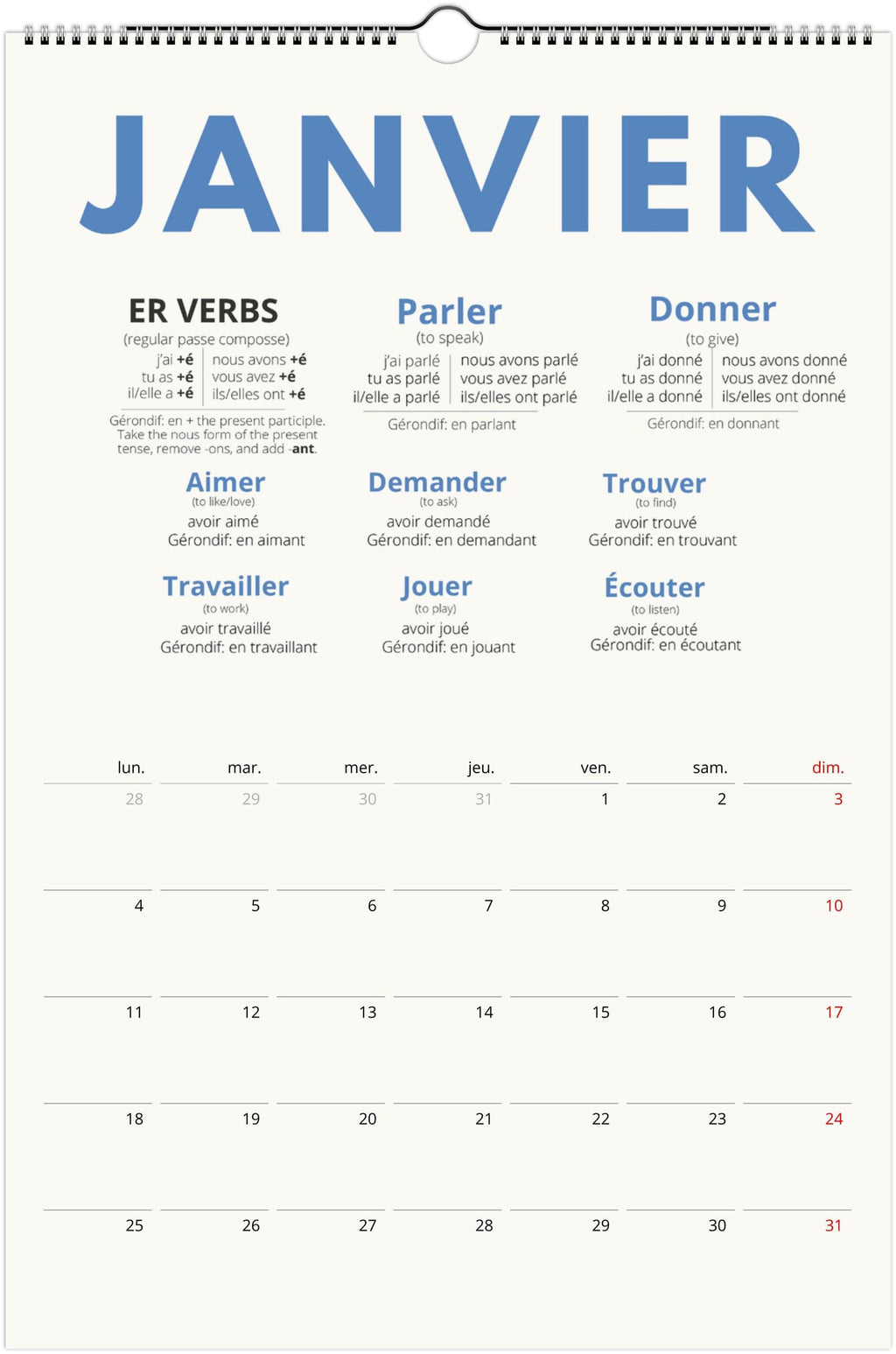 French Passé Composé Calendar