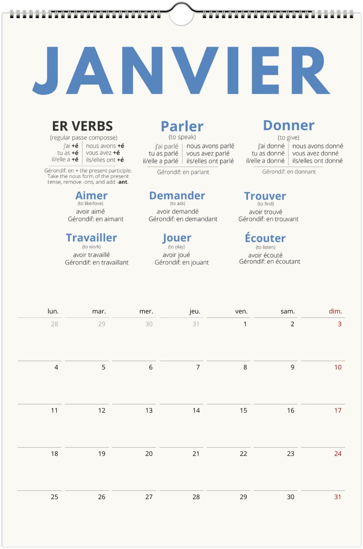 French Passé Composé Calendar