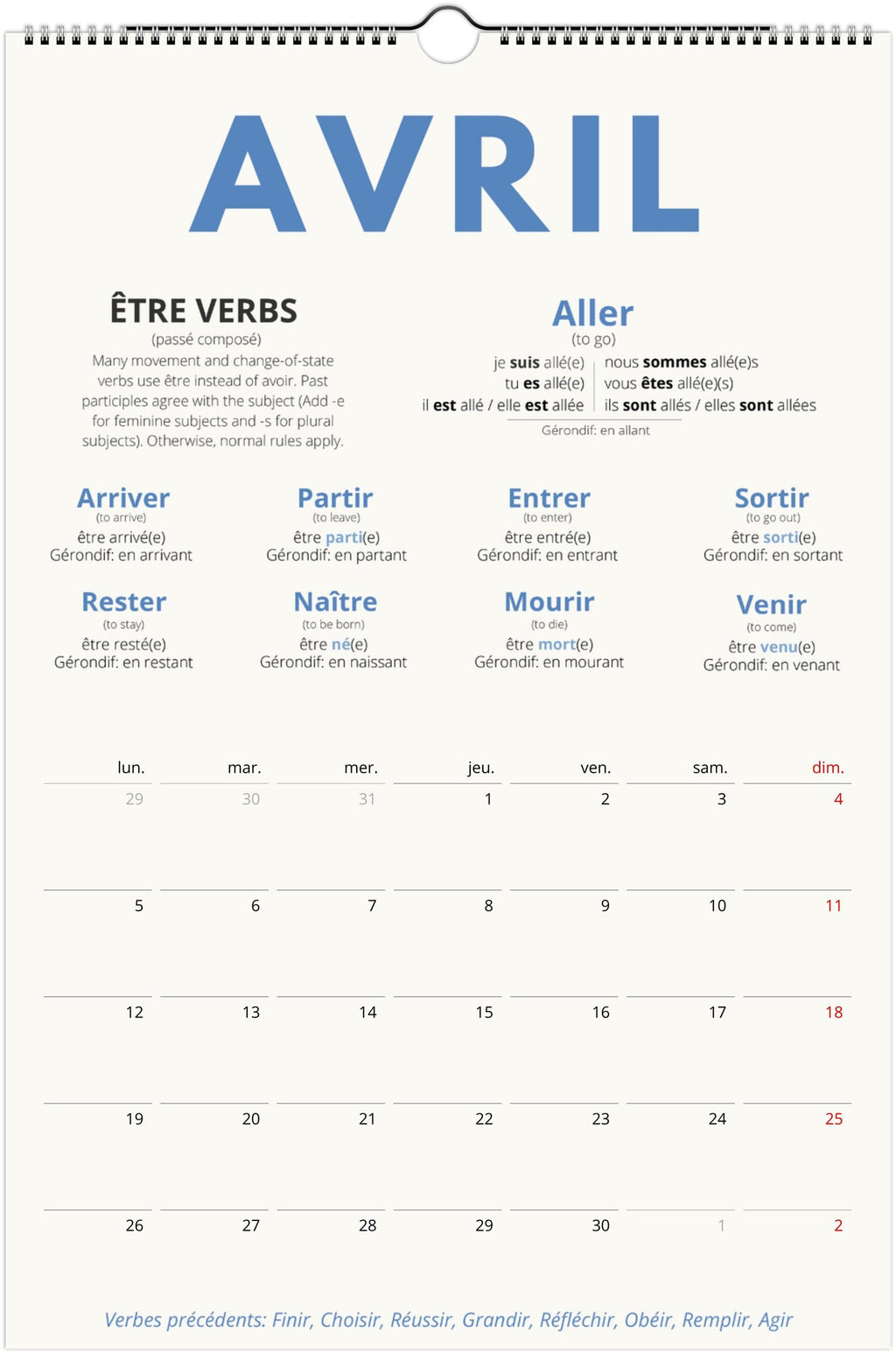 French Passé Composé Calendar