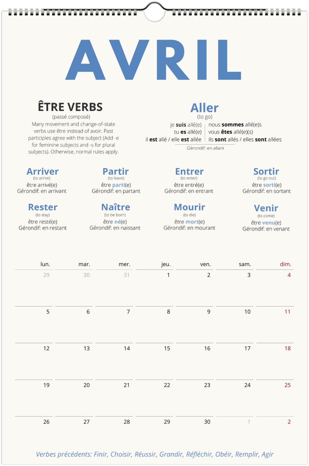 French Passé Composé Calendar