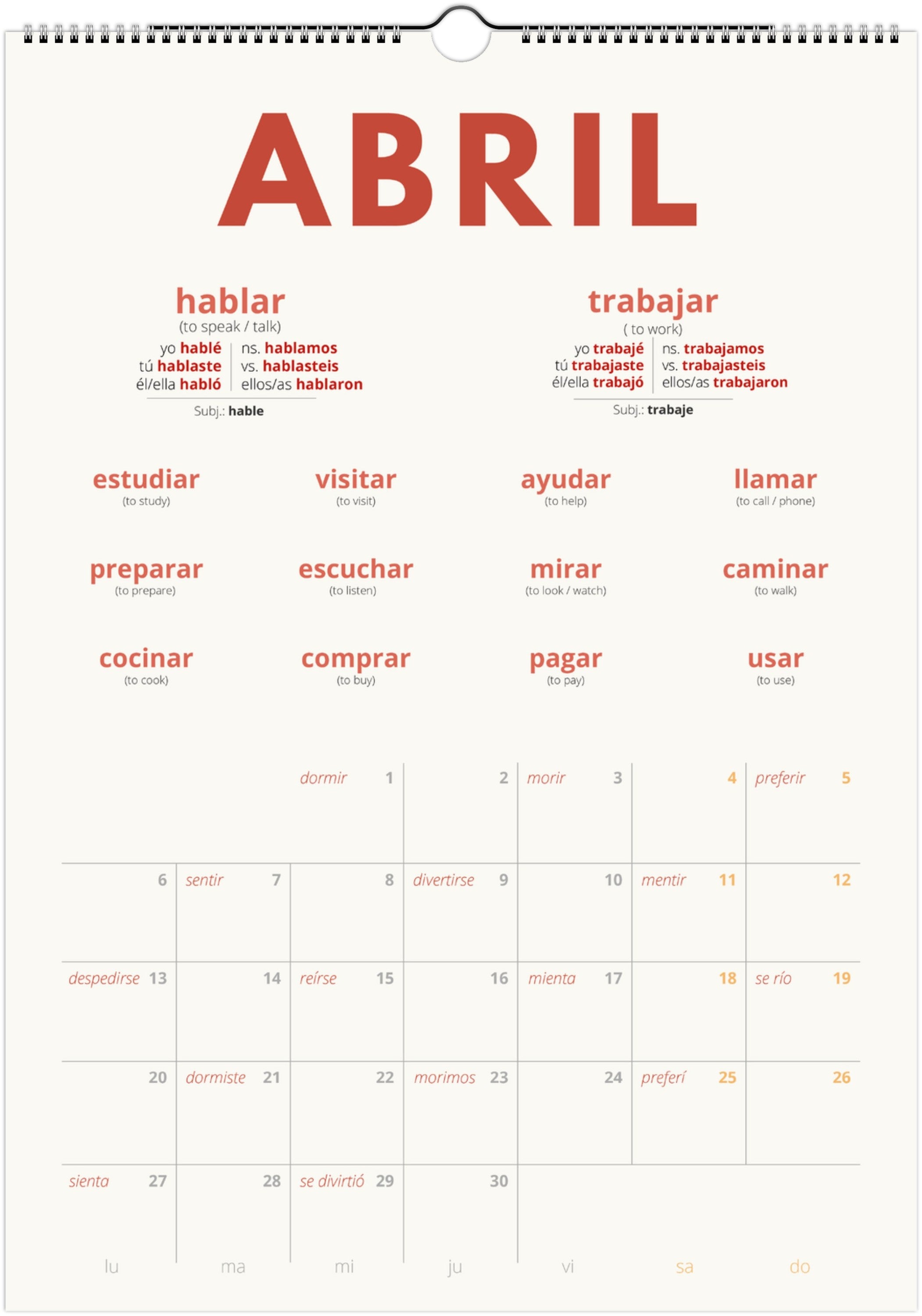 Spanish Preterite Verb Calendar 2026