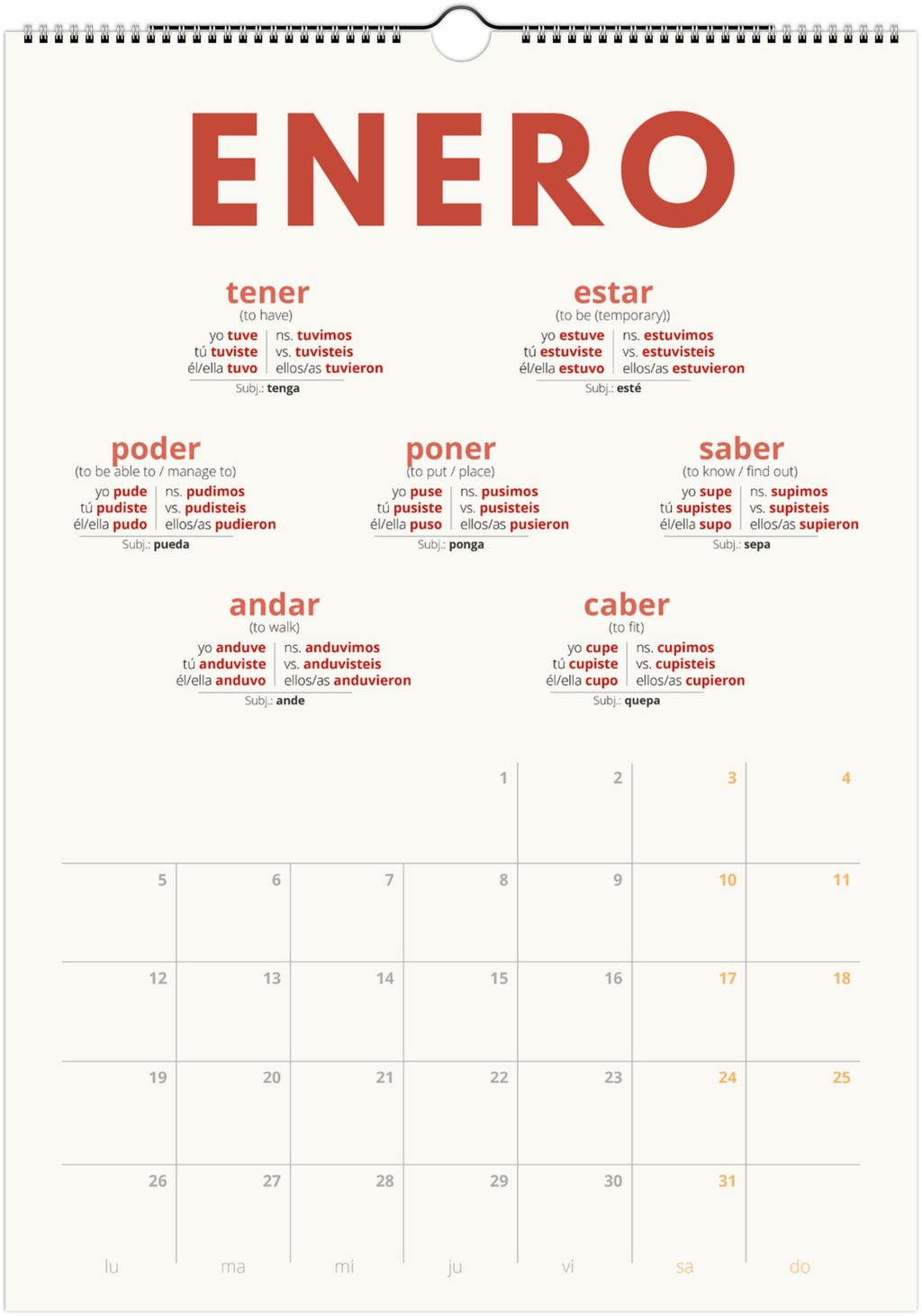 Spanish Preterite Verb Calendar 2026