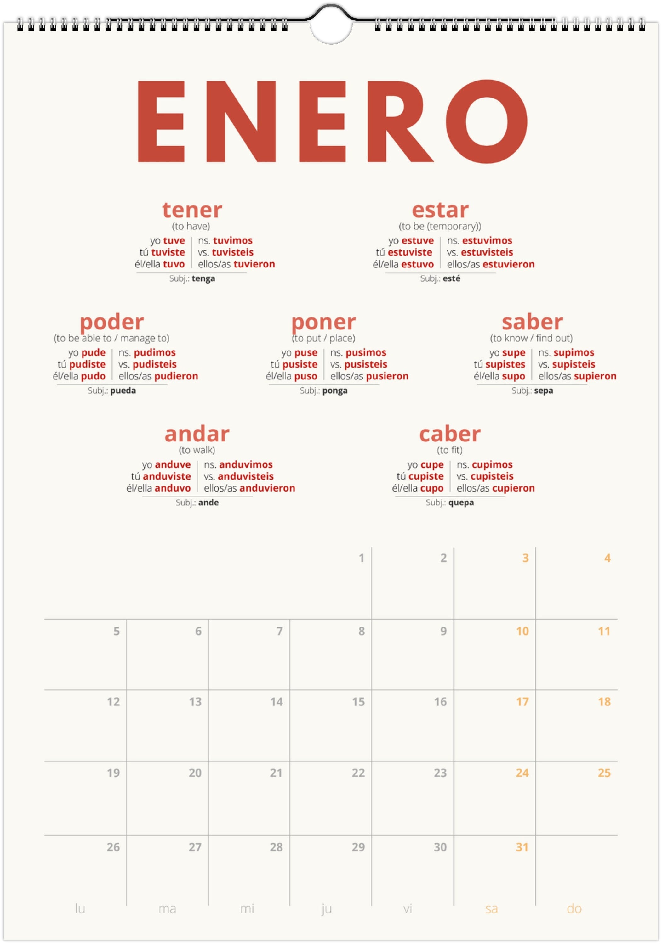 Spanish Preterite Verb Calendar 2026